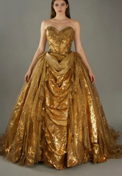 Klassisches goldenes Sweetheart-Tüll-Ballkleid mit glitzernden Perlen und formellen Abendkleidern ED01982