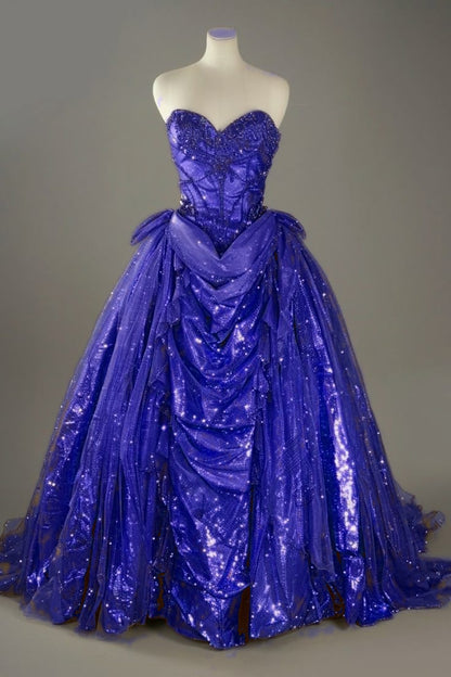 Classic Blue Sweetheart Glitter Beaded Tulle Ball Gowns Formal Evening Gowns EP01983