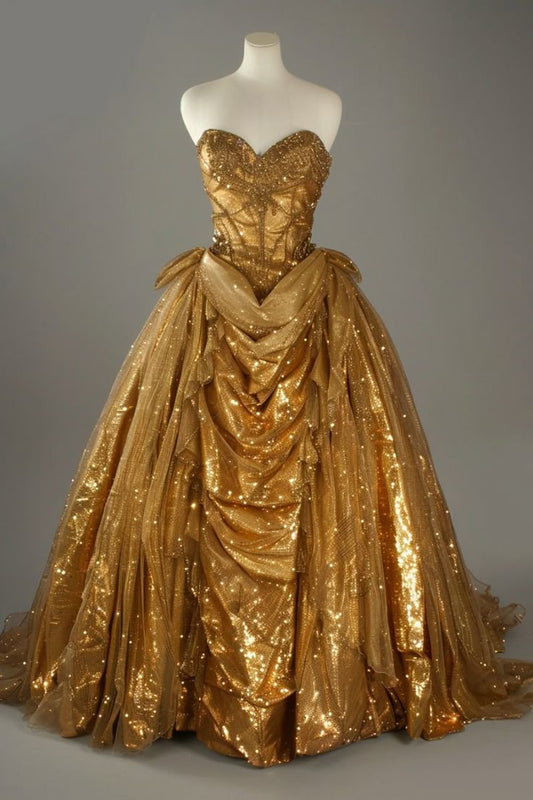Robe de soirée classique en tulle perlé et paillettes dorées, décolleté en cœur, ED01982