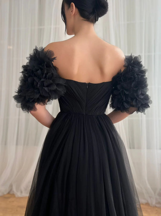 Robe de soirée longue noire sexy en tulle à épaules dénudées, élégante et formelle, avec fentes ED01984