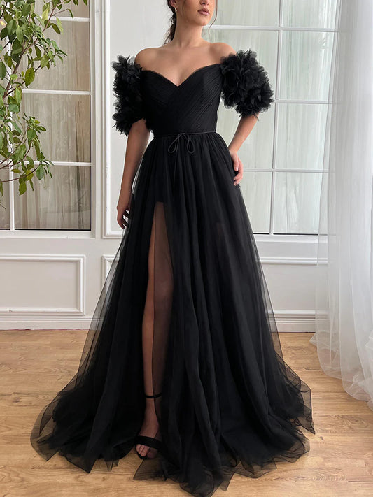 Robe de soirée longue noire sexy en tulle à épaules dénudées, élégante et formelle, avec fentes ED01984
