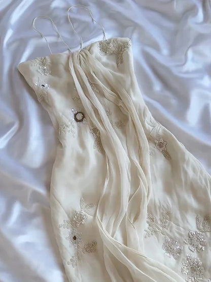 Vintage White  Spaghetti Straps Chiffon Sheath Gentle Prom Dresses with Beading