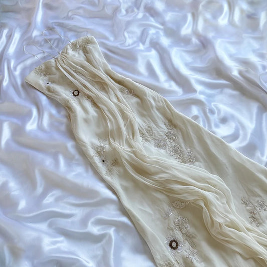 Vintage White  Spaghetti Straps Chiffon Sheath Gentle Prom Dresses with Beading