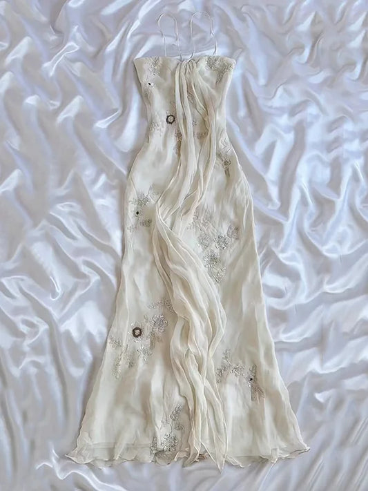 Vintage White  Spaghetti Straps Chiffon Sheath Gentle Prom Dresses with Beading