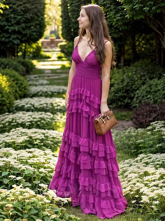 Robe de soirée élégante en mousseline de soie violette à bretelles spaghetti, coupe trapèze, dos nu, ED01986