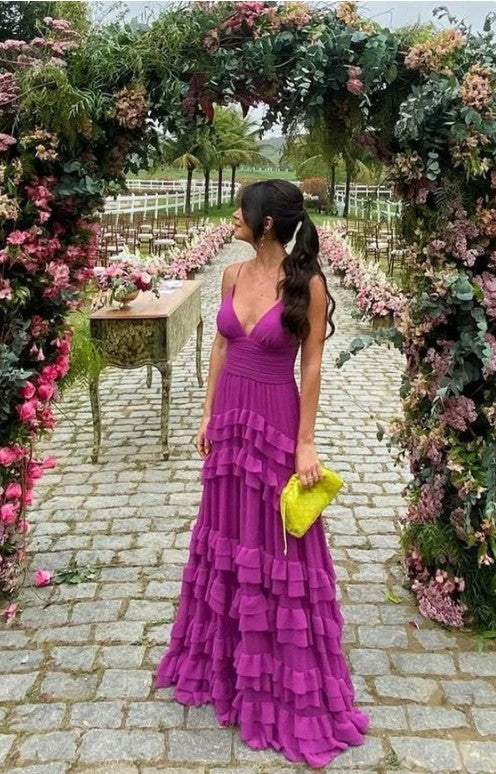Robe de soirée élégante en mousseline de soie violette à bretelles spaghetti, coupe trapèze, dos nu, ED01986