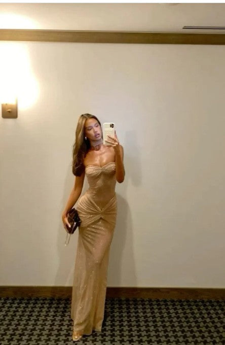 Robe de bal longue en tulle scintillant, élégante, sans bretelles, couleur champagne, robe de soirée sexy ED01987