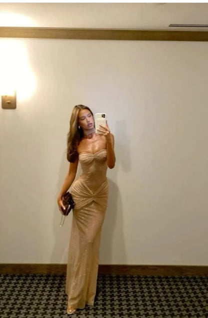 Robe de bal longue en tulle scintillant, élégante, sans bretelles, couleur champagne, robe de soirée sexy ED01987