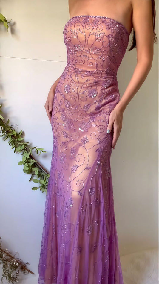 Vintage-inspirierte lila Chiffon Meerjungfrau Ballkleider Elegante Perlen ärmellose Partykleider ED01988