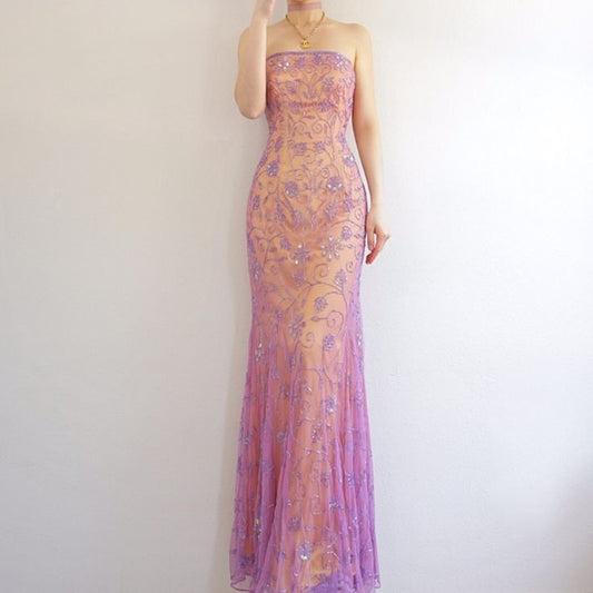 Vintage-Inspired Purple Chiffon Mermaid  Prom Dresses Elegant Beaded Sleeveless  Party Dresses ED01988