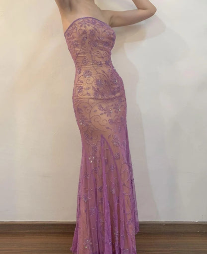 Vintage-Inspired Purple Chiffon Mermaid Elegant Beaded Sleeveless Prom Party Dresses ED01988