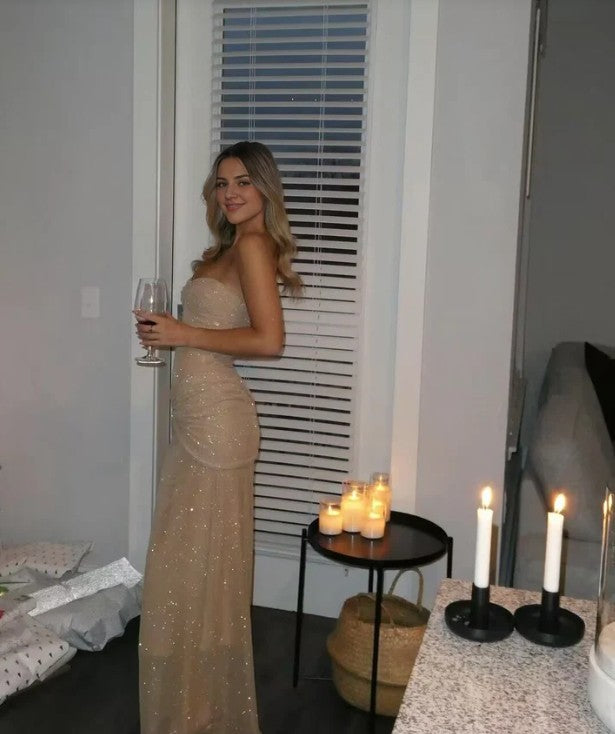 Robe de bal longue en tulle scintillant, élégante, sans bretelles, couleur champagne, robe de soirée sexy ED01987