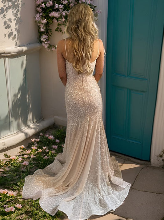 Robe de bal élégante rose perle, style sirène, bretelles spaghetti, traîne à paillettes scintillantes, ED01989