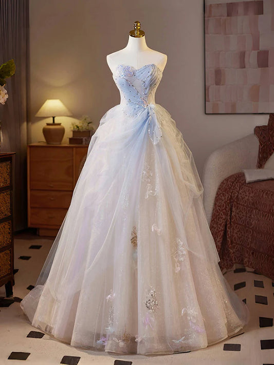 Fairytale A-Line Sweetheart Tulle Champagne Long Prom Dresses Beaded Sequins Sweet 16 DressesED01990