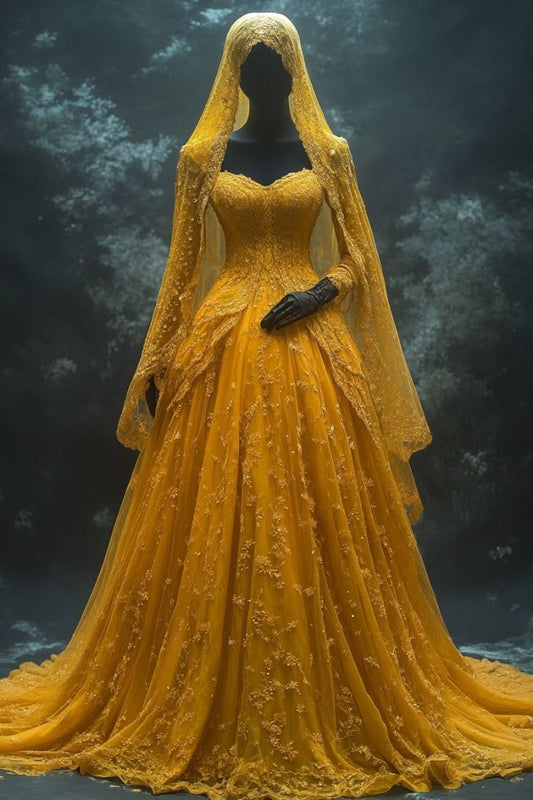 Classic Yellow Strapless A-Line Tulle Lace Applique Long Prom Dresses Glam Wedding Dresses ED01992