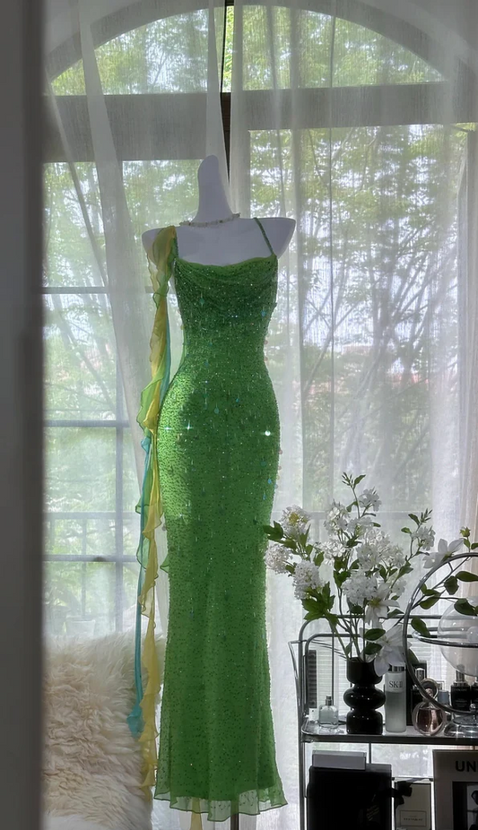 Fairytale Green Spaghetti Strap Mermaid Prom Dresses Sparkling Beaded Sequins Long Evening Dresses with Open Back ED01993