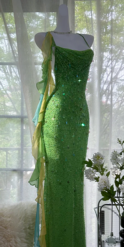 Fairytale Green Spaghetti Strap Mermaid Prom Dresses Sparkling Beaded Sequins Long Evening Dresses with Open Back ED01993
