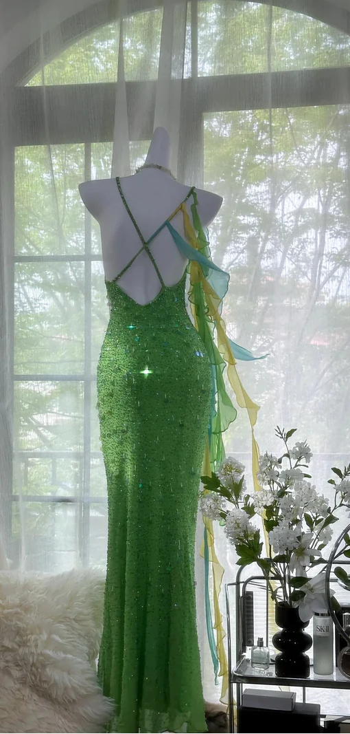 Fairytale Green Spaghetti Strap Mermaid Prom Dresses Sparkling Beaded Sequins Long Evening Dresses with Open Back ED01993
