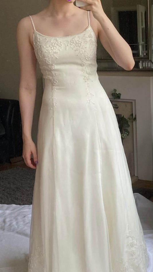Gentle Apricot Spaghetti Straps Chiffon Empire Dress Shiny Beaded Long Simple Formal Evening Dress ED01996