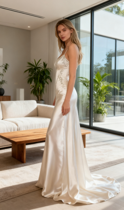 Elegant Spaghetti Straps Mermaid Wedding Dress Satin Beading Long Prom Dress Simple Formal Evening Dress ED01995