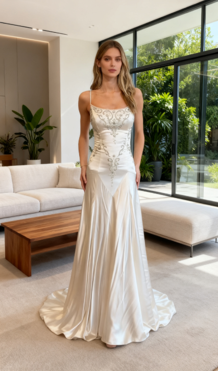 Elegant Spaghetti Straps Mermaid Wedding Dress Satin Beading Long Prom Dress Simple Formal Evening Dress ED01995