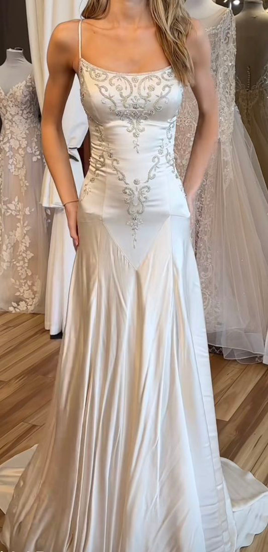 Elegant Spaghetti Straps Mermaid Satin Beading Long Prom Dress Simple Formal Evening Dress