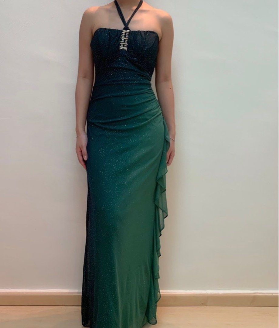 Robe de soirée fourreau en mousseline de soie verte brillante, élégante robe longue dos nu à volants ED01998