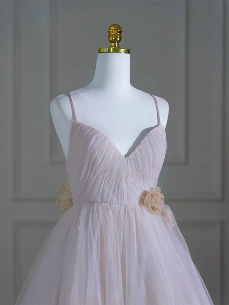 A-Line V Neck Tulle Pink Long Prom Dress, Pink Tulle Long Formal Dress ED020