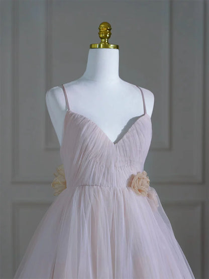 A-Line V Neck Tulle Pink Long Prom Dress, Pink Tulle Long Formal Dress ED020