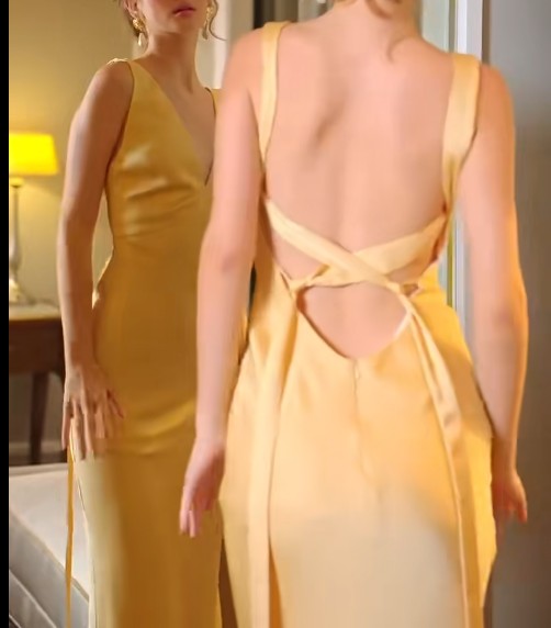 Einfaches gelbes Satin-Etuikleid mit V-Ausschnitt, rückenfreies Partykleid, sexy, elegantes Abendkleid ED01999