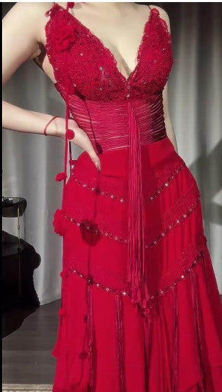 Vintage Rotes A-Linien-Chiffon-Partykleid mit V-Ausschnitt und glänzenden Perlen, Abendkleid ED02000