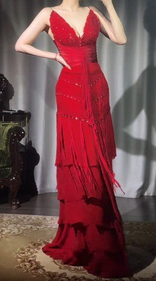 Vintage Rotes A-Linien-Chiffon-Partykleid mit V-Ausschnitt und glänzenden Perlen, Abendkleid ED02000