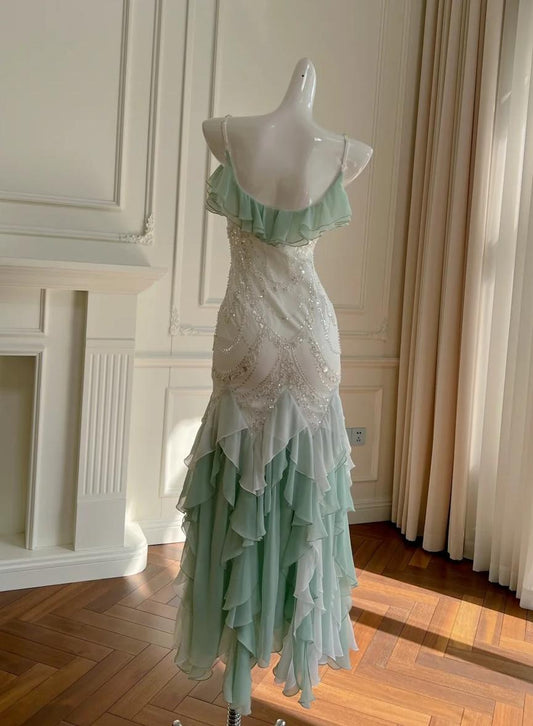 Fairytale Mint Green Spaghetti Straps Chiffon Ruffled Prom Dresses Shiny Beaded Sequined Backless Evening Dresses