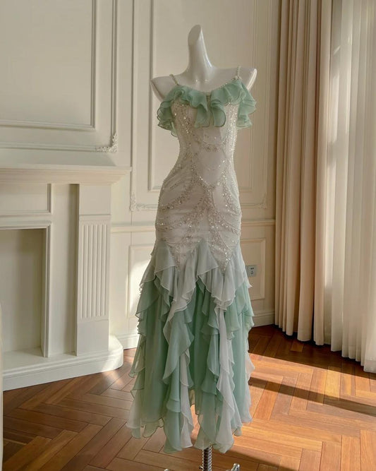Fairytale Mint Green Spaghetti Straps Chiffon Ruffled Prom Dresses Shiny Beaded Sequined Backless Evening Dresses