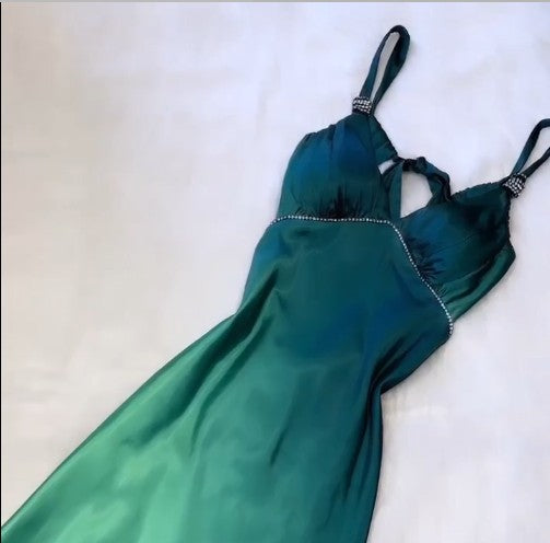 Vintage Gradient Teal V-Ausschnitt Spaghettiträger Satin Partykleider Elegantes rückenfreies Ballkleid ED02007
