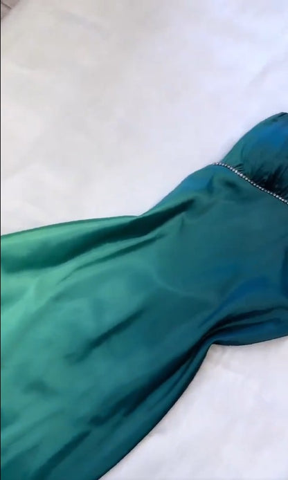Vintage Gradient Teal V-Ausschnitt Spaghettiträger Satin Partykleider Elegantes rückenfreies Ballkleid ED02007