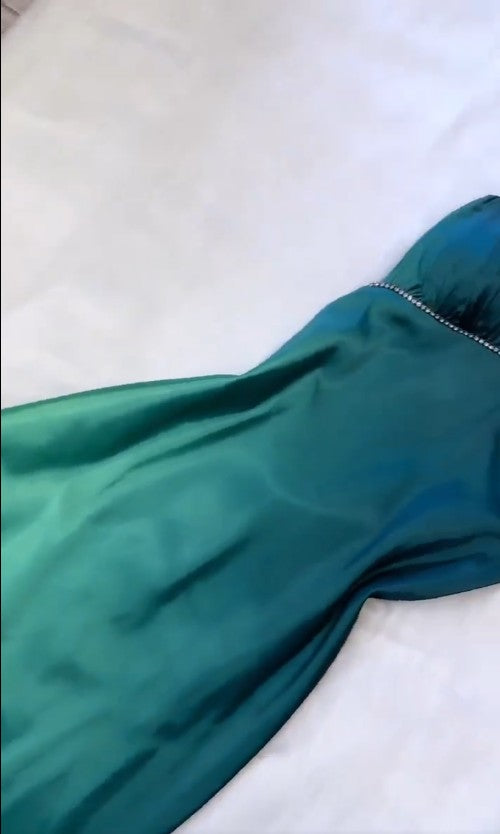 Vintage Gradient Teal V-Ausschnitt Spaghettiträger Satin Partykleider Elegantes rückenfreies Ballkleid ED02007