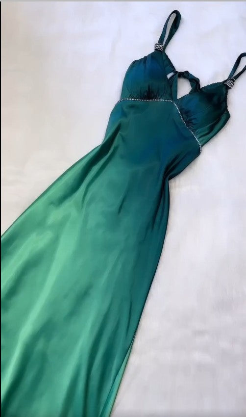 Vintage Gradient Teal V-Ausschnitt Spaghettiträger Satin Partykleider Elegantes rückenfreies Ballkleid ED02007