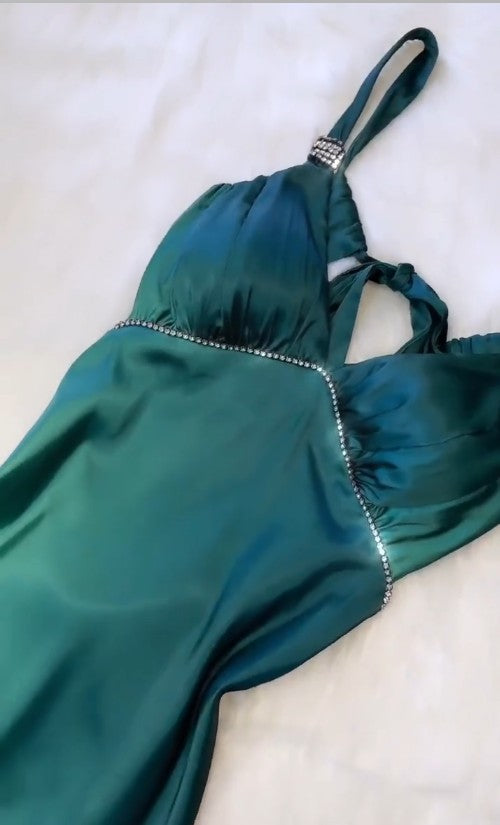 Vintage Gradient Teal V-Ausschnitt Spaghettiträger Satin Partykleider Elegantes rückenfreies Ballkleid ED02007
