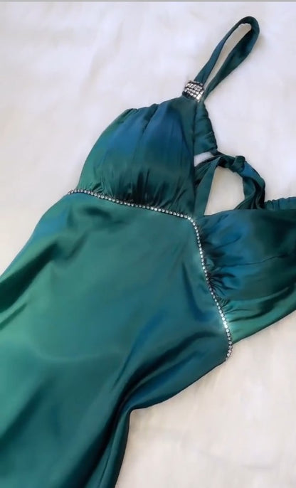 Vintage Gradient Teal V-Ausschnitt Spaghettiträger Satin Partykleider Elegantes rückenfreies Ballkleid ED02007