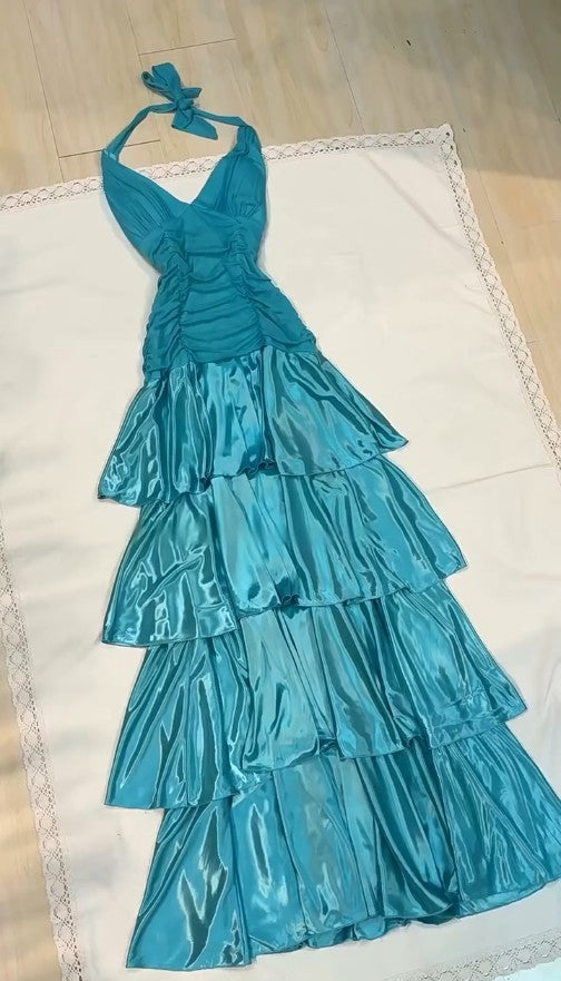 Vintage Turquoise Chiffon Halter A-line Long Prom Dresses Sweet  Backless Tiered Satin Party Dresses