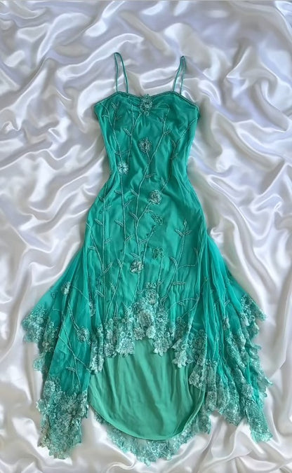 Märchenhafte türkisfarbene Spaghettiträger Chiffon Partykleider Vintage Spitzenapplikationen Ballkleider Homecoming-Kleider ED02012