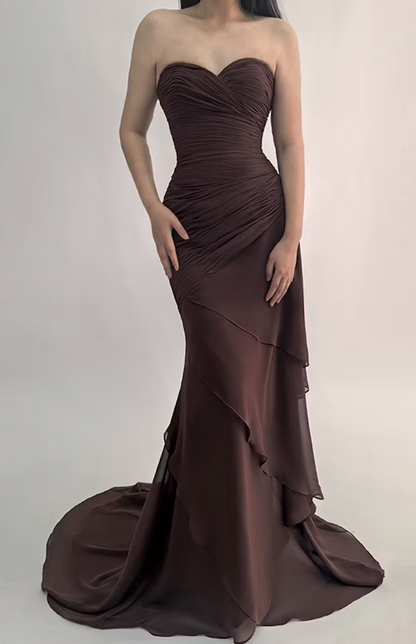 Elegant Mermaid Dark Green Sweetheart Tulle Long Prom Dresses Formal Evening Dresses with Rufflest ED02017
