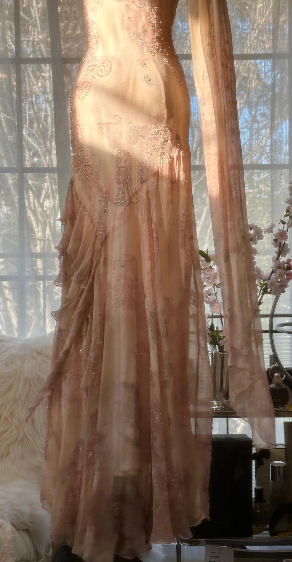 Vintage Spaghetti Straps Printed Chiffon Sheath Sparkling Beaded Evening Dress