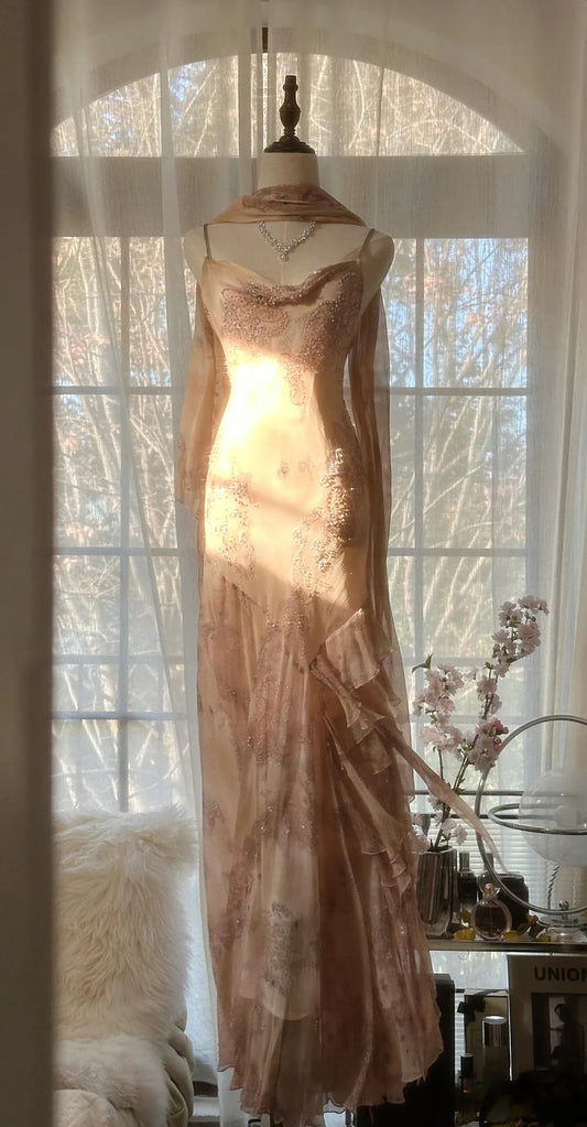 Vintage Spaghetti Straps Printed Chiffon Sheath Sparkling Beaded Evening Dress