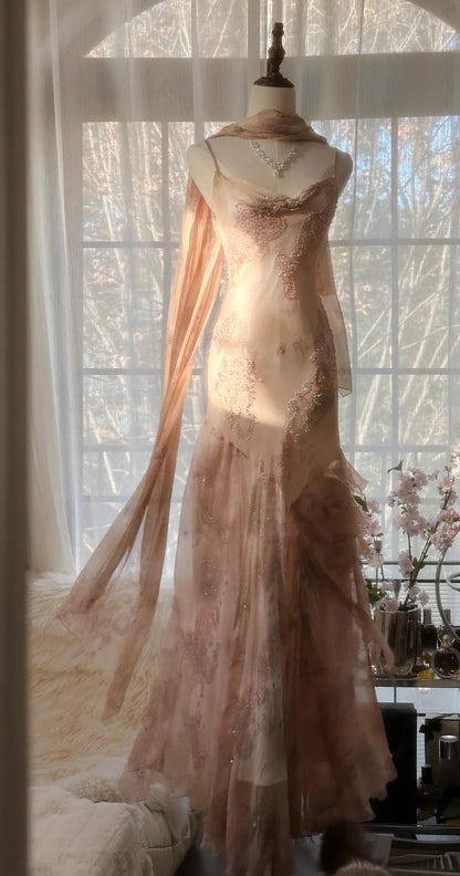 Vintage Spaghetti Straps Printed Chiffon Sheath Sparkling Beaded Evening Dress