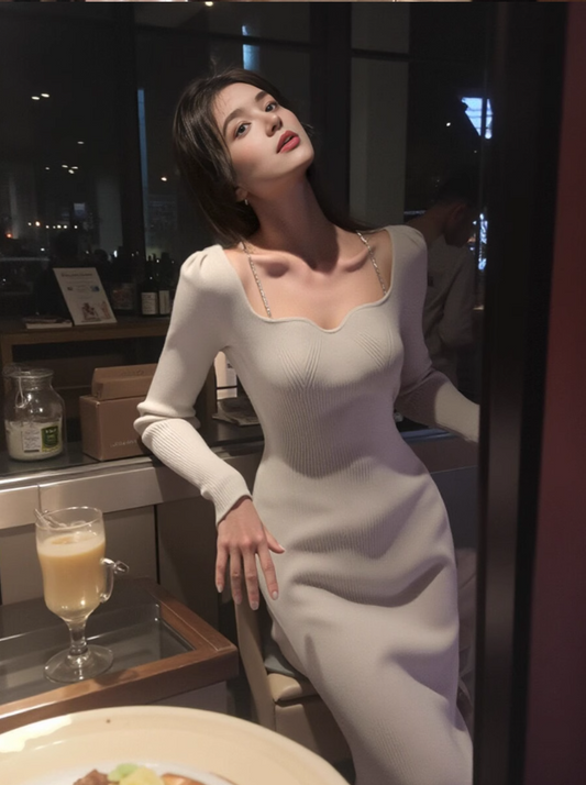 Französisches Strickkleid mit quadratischem Ausschnitt und langen Ärmeln, um die Hüfte gewickelt ED0201