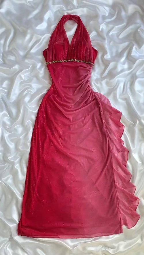 Robe de soirée fourreau vintage rouge dégradé, élégante robe de bal gothique en mousseline pailletée ED02022