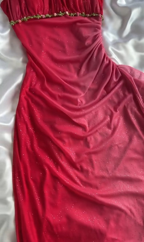 Robe de soirée fourreau vintage rouge dégradé, élégante robe de bal gothique en mousseline pailletée ED02022