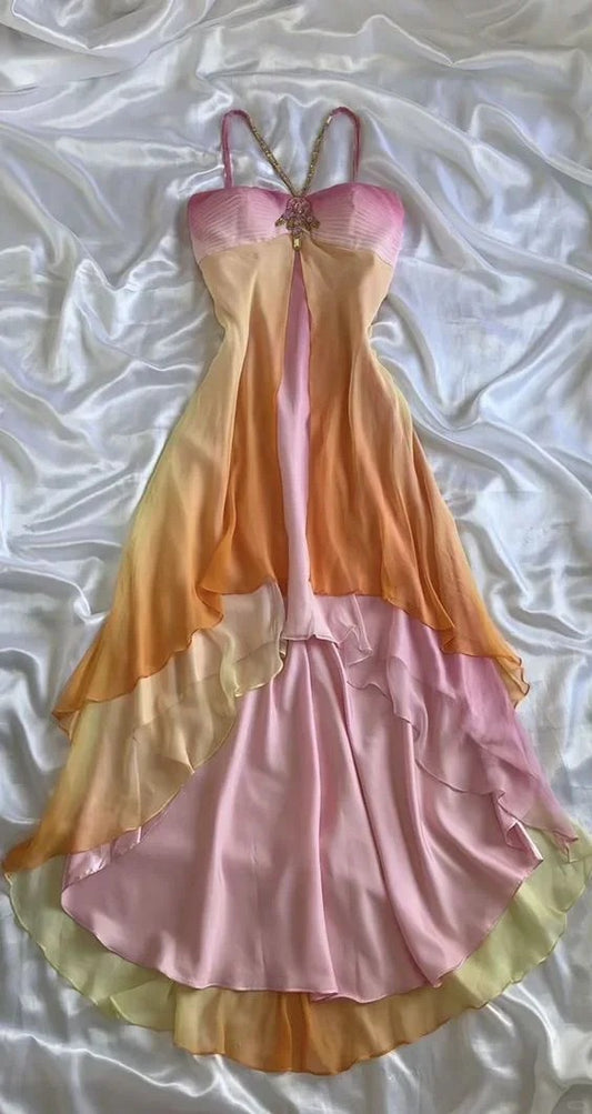 Vintage Spaghetti Straps Chiffon Colorful Party Dress Gothic Short Prom Dress